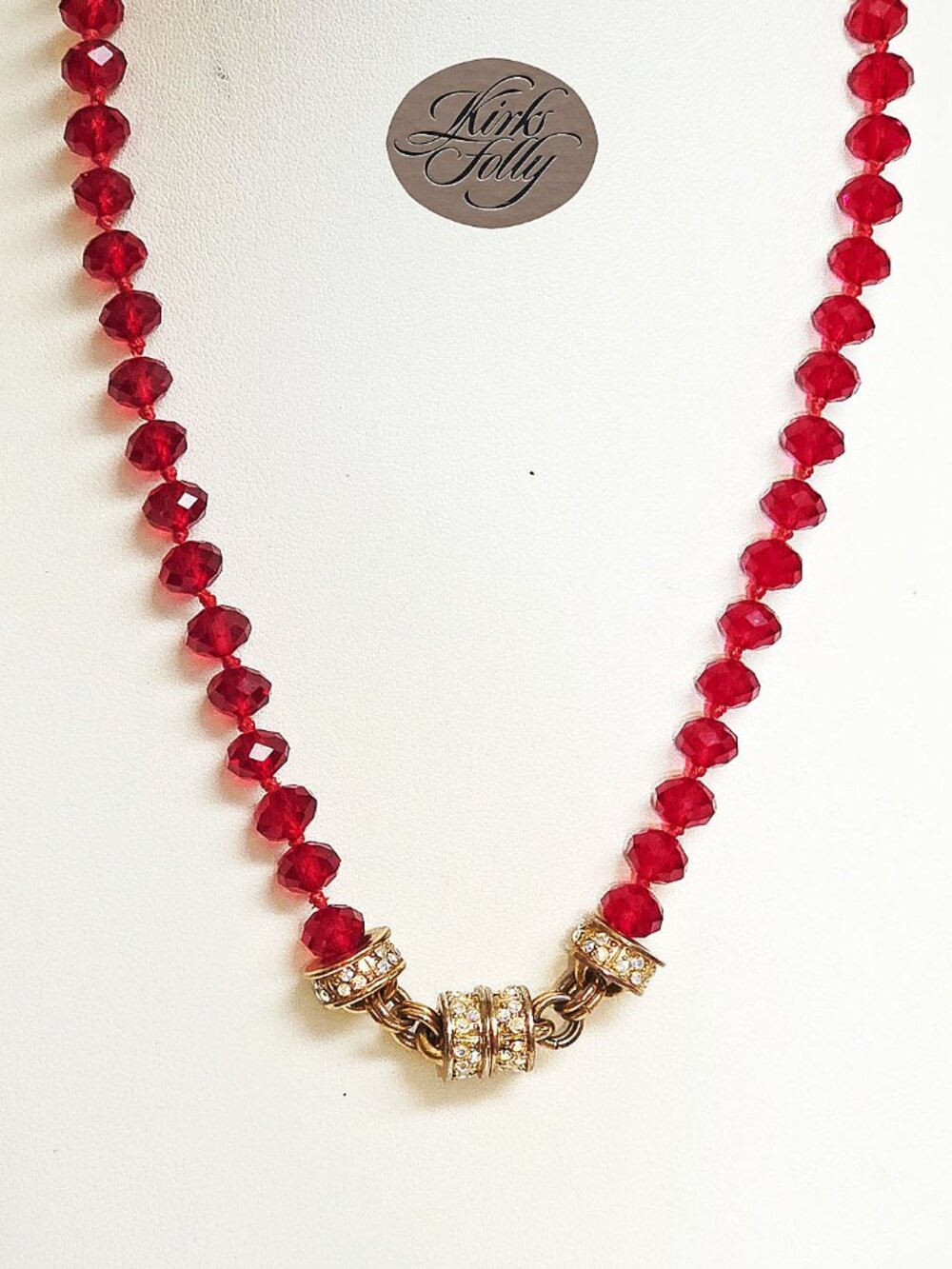 Kirks Folly Crystal Goddess Red 8mm Beaded Goldtone Magnetic Necklace